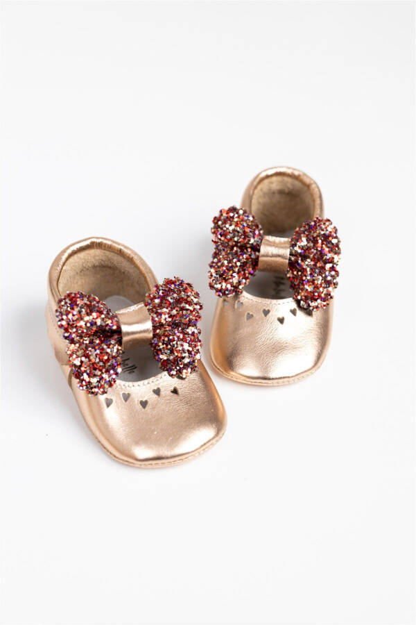 Gold Sequined Bow Leather Baby Girl Moccasins - 3