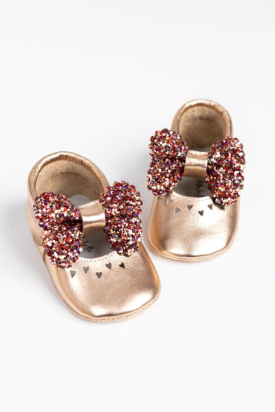 Gold Sequined Bow Leather Baby Girl Moccasins - 1