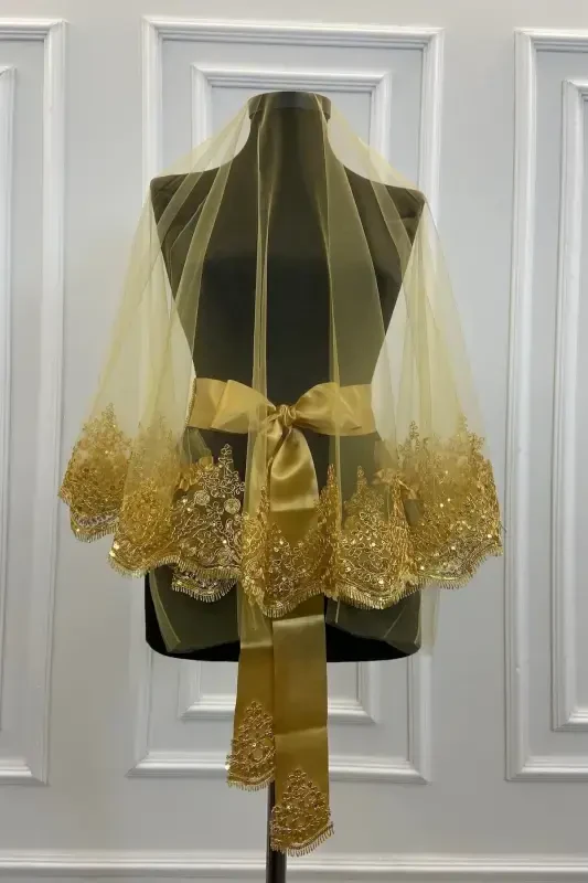 Gold Sparkling Lace Bridal Henna Veil Set Wedding Henna Night Face Cover Veil Belt Glove-Gold - 2