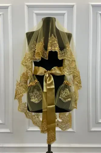 Gold Sparkling Lace Bridal Henna Veil Set Wedding Henna Night Face Cover Veil Belt Glove-Gold - 3