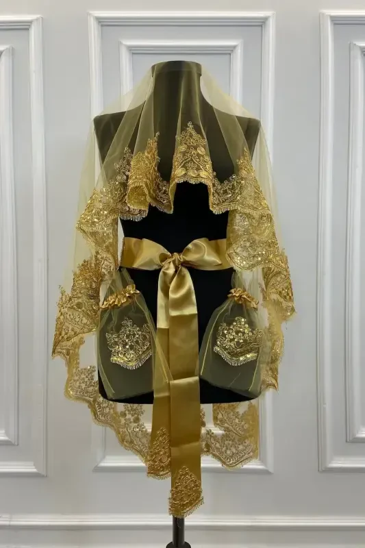 Gold Sparkling Lace Bridal Henna Veil Set Wedding Henna Night Face Cover Veil Belt Glove-Gold - 3