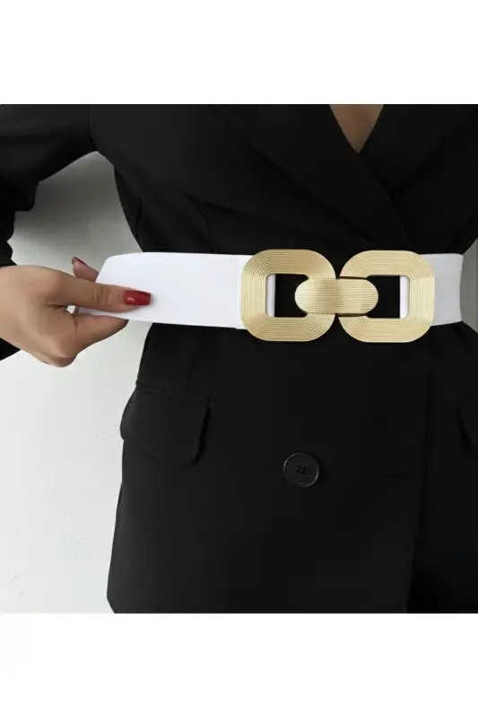 Gold Tokalı Geçmeli Elastik Kadın Kemeri, Ceket Kemeri, Gömlek Kemeri, Elbise Kemeri-Beyaz - 1