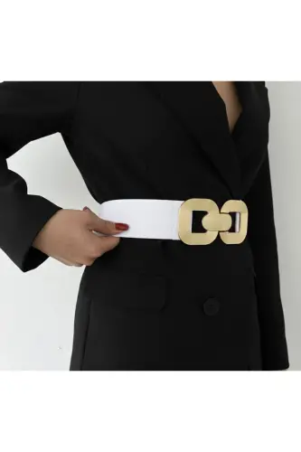 Gold Tokalı Geçmeli Elastik Kadın Kemeri, Ceket Kemeri, Gömlek Kemeri, Elbise Kemeri-Beyaz - FIORI (1)