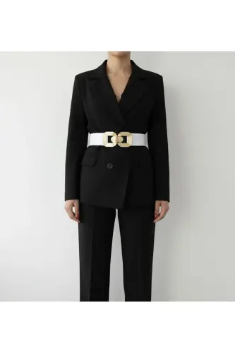 Gold Tokalı Geçmeli Elastik Kadın Kemeri, Ceket Kemeri, Gömlek Kemeri, Elbise Kemeri-Beyaz - 3