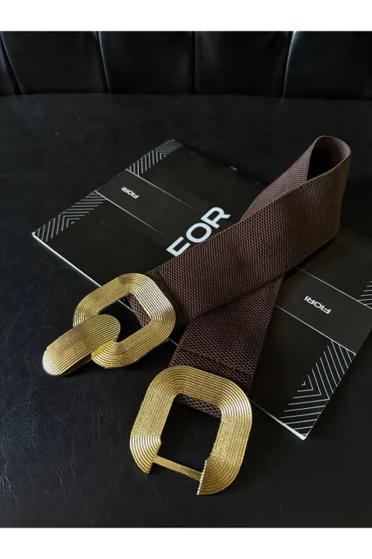 Gold Tokalı Geçmeli Elastik Kadın Kemeri, Ceket Kemeri, Gömlek Kemeri, Elbise Kemeri-Kahverengi - 1