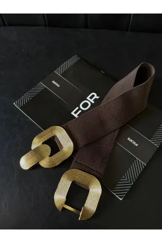 Gold Tokalı Geçmeli Elastik Kadın Kemeri, Ceket Kemeri, Gömlek Kemeri, Elbise Kemeri-Kahverengi - FIORI (1)