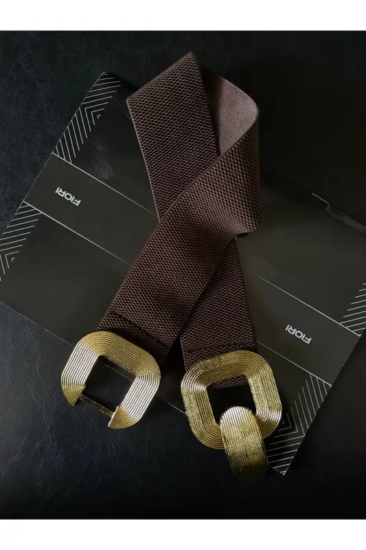Gold Tokalı Geçmeli Elastik Kadın Kemeri, Ceket Kemeri, Gömlek Kemeri, Elbise Kemeri-Kahverengi - 3