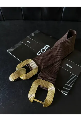 Gold Tokalı Geçmeli Elastik Kadın Kemeri, Ceket Kemeri, Gömlek Kemeri, Elbise Kemeri - Kahverengi 