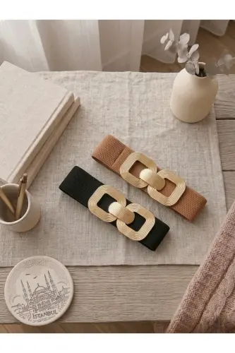 Gold Tokalı Geçmeli Elastik Kadın Kemeri, Ceket Kemeri, Gömlek Kemeri, Elbise Kemeri - Siyah-Taba 