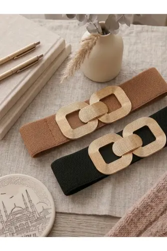 Gold Tokalı Geçmeli Elastik Kadın Kemeri, Ceket Kemeri, Gömlek Kemeri, Elbise Kemeri - Siyah-Taba - FIORI (1)