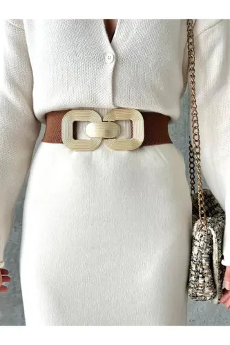 Gold Tokalı Geçmeli Elastik Kadın Kemeri, Ceket Kemeri, Gömlek Kemeri, Elbise Kemeri-TABA - 2