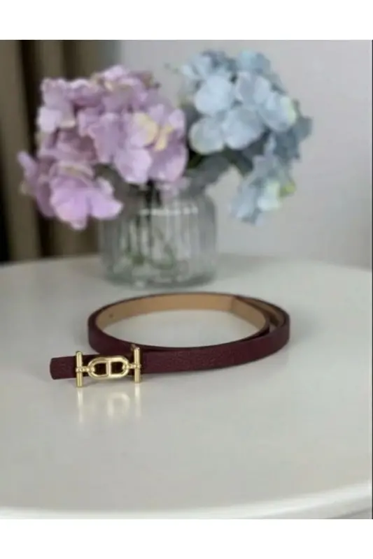 Gold Tokalı Ince Kadın Kemer, Pantolon Kemeri, Gömlek Kemeri, Ceket Kemeri - Bordo - 1