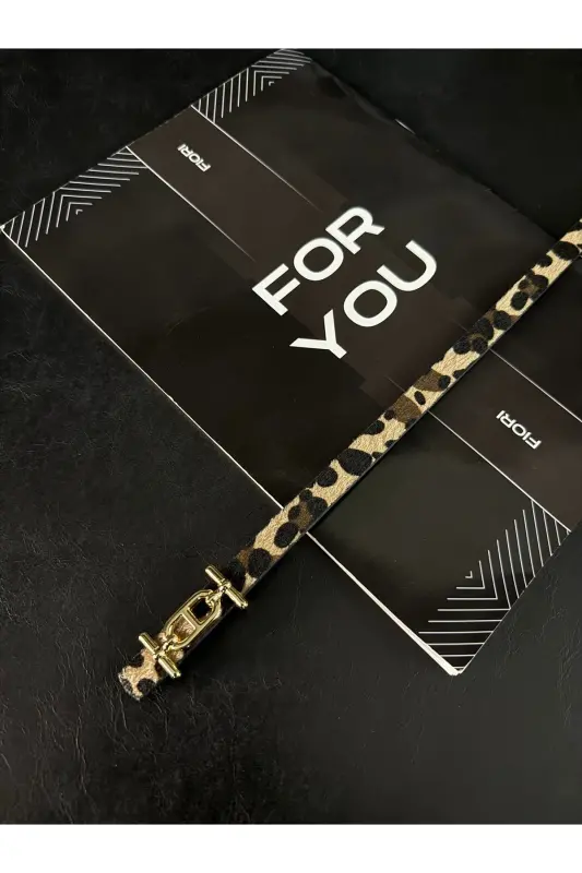 Gold Tokalı Ince Kadın Kemer, Pantolon Kemeri, Gömlek Kemeri, Ceket Kemeri-Leopar - 1