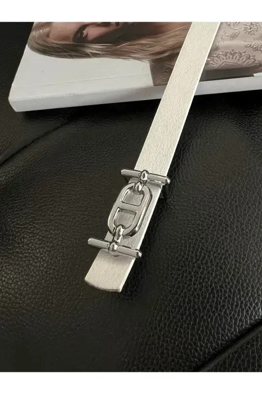 Gold Tokalı İnce Kemer, Pantolon Kemeri, Gömlek Kemeri, Ceket Kemeri-Beyaz - FIORI