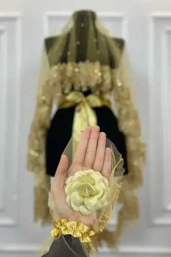 Gold Vip Bridal Veil Set, Daisy Guipure Beaded Sequined Pearly Henna Veil Set 6 Pieces-Gold - 4