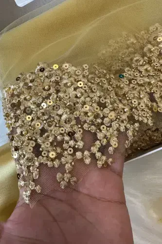 Gold Vip Bridal Veil Set, Daisy Guipure Beaded Sequined Pearly Henna Veil Set 6 Pieces-Gold - 5