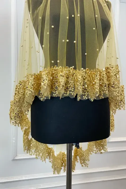 Gold Vip Bridal Veil Set, Daisy Guipure Beaded Sequined Pearly Henna Veil Set 6 Pieces-Gold - 7