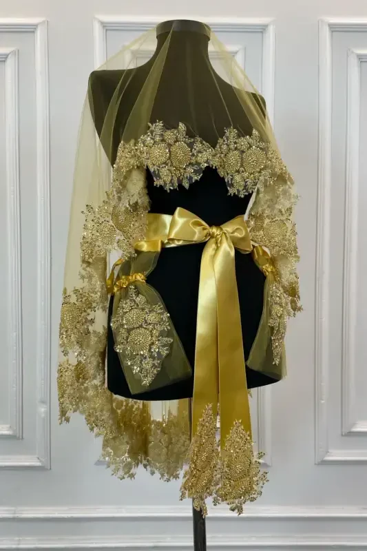 Gold Vip Bridal Veil Set, Henna Veil Cover Set-Gold - 1