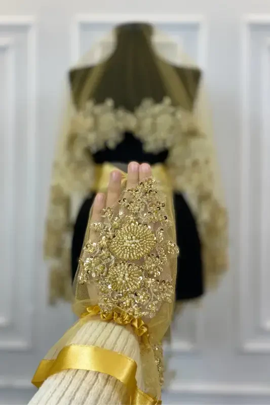 Gold Vip Bridal Veil Set, Henna Veil Cover Set-Gold - 6