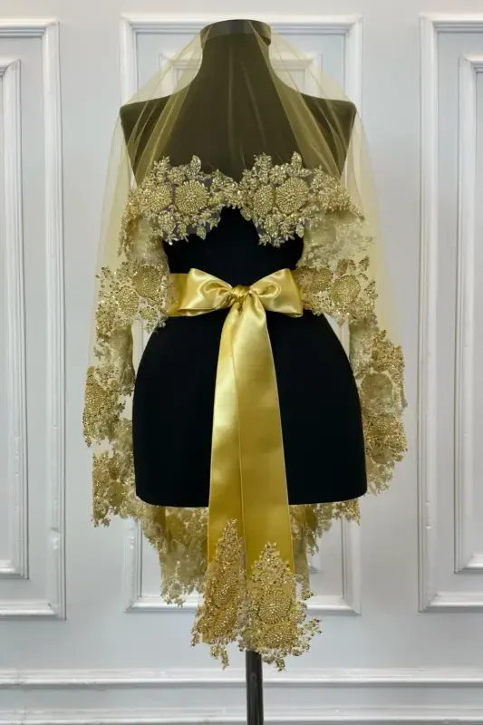 Gold Vip Bridal Veil Set, Henna Veil Cover Set-Gold - 8