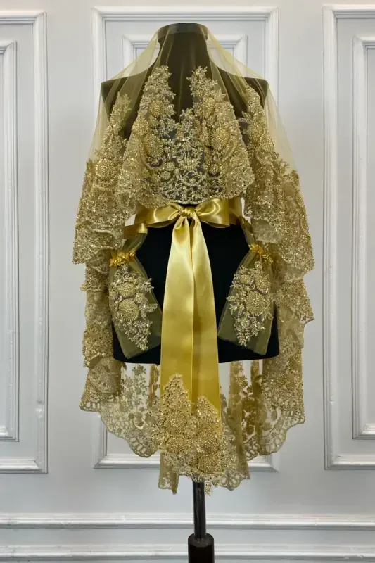 Gold VIP Deluxe Bridal Veil Set, Henna Veil 6 Piece Full Set-Gold - 2