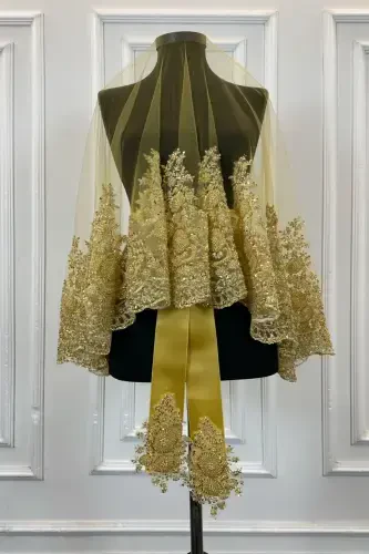 Gold VIP Deluxe Bridal Veil Set, Henna Veil 6 Piece Full Set-Gold - 4