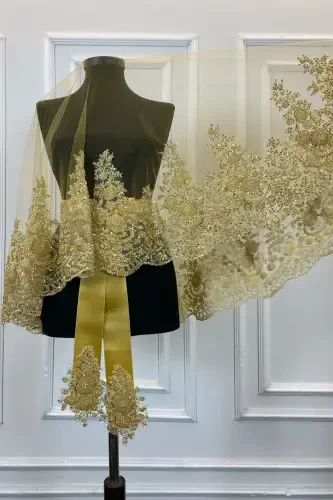 Gold VIP Deluxe Bridal Veil Set, Henna Veil 6 Piece Full Set-Gold - 7