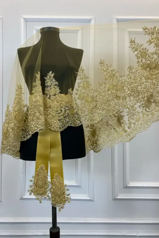 Gold VIP Deluxe Bridal Veil Set, Henna Veil 6 Piece Full Set-Gold - 7