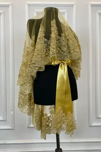 Gold VIP Deluxe Bridal Veil Set, Henna Veil 6 Piece Full Set-Gold - 8