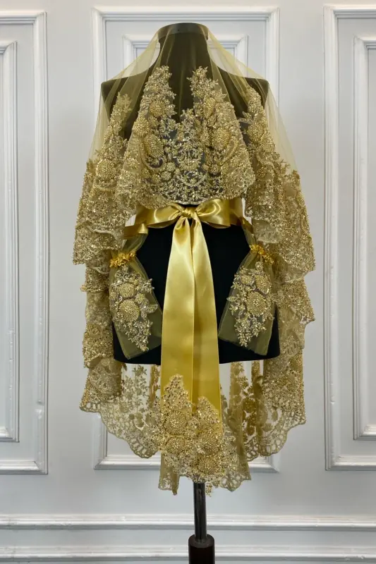 Gold VIP Deluxe Bridal Veil Set, Henna Veil 6 Piece Full Set-Gold - 2