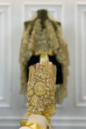 Gold VIP Deluxe Bridal Veil Set, Henna Veil 6 Piece Full Set-Gold - 5