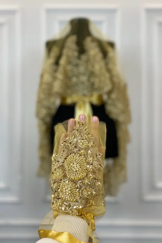 Gold VIP Deluxe Bridal Veil Set, Henna Veil 6 Piece Full Set-Gold - 5