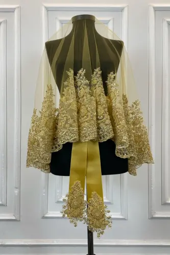 Gold Vıp Deluxe Gelin Duvak Seti, Kına Duvağı 6 Parça Tam Set-Gold - 4