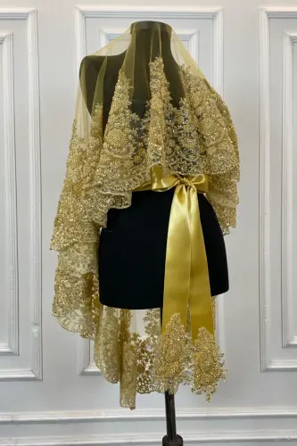 Gold Vıp Deluxe Gelin Duvak Seti, Kına Duvağı 6 Parça Tam Set-Gold - 8