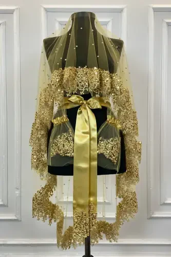 Gold Vip Gelin Duvak Seti, Papatya Güpürlü Boncuklu Pullu Incili Kına Duvağı Seti 6 Parça-Gold - 1