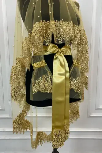 Gold Vip Gelin Duvak Seti, Papatya Güpürlü Boncuklu Pullu Incili Kına Duvağı Seti 6 Parça-Gold - 2