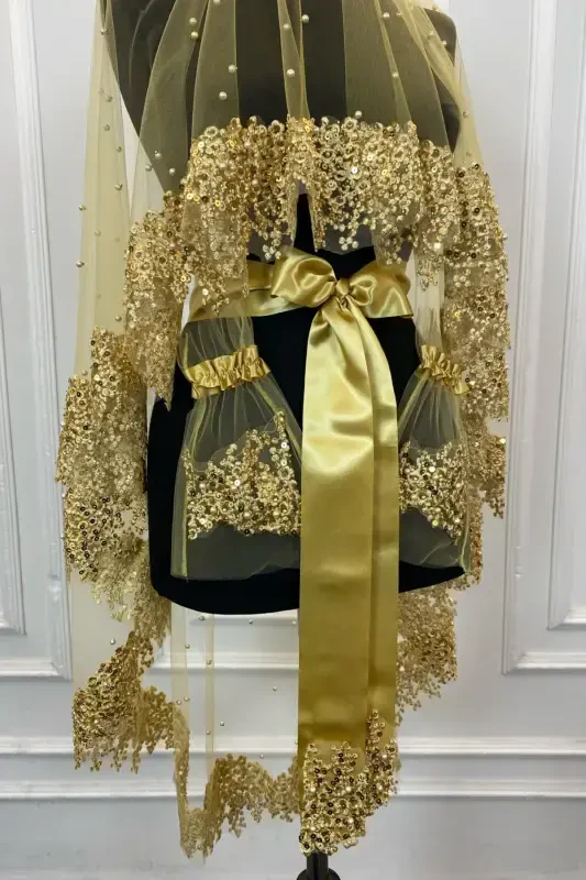 Gold Vip Gelin Duvak Seti, Papatya Güpürlü Boncuklu Pullu Incili Kına Duvağı Seti 6 Parça-Gold - 2