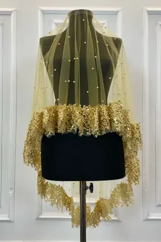 Gold Vip Gelin Duvak Seti, Papatya Güpürlü Boncuklu Pullu Incili Kına Duvağı Seti 6 Parça-Gold - 6