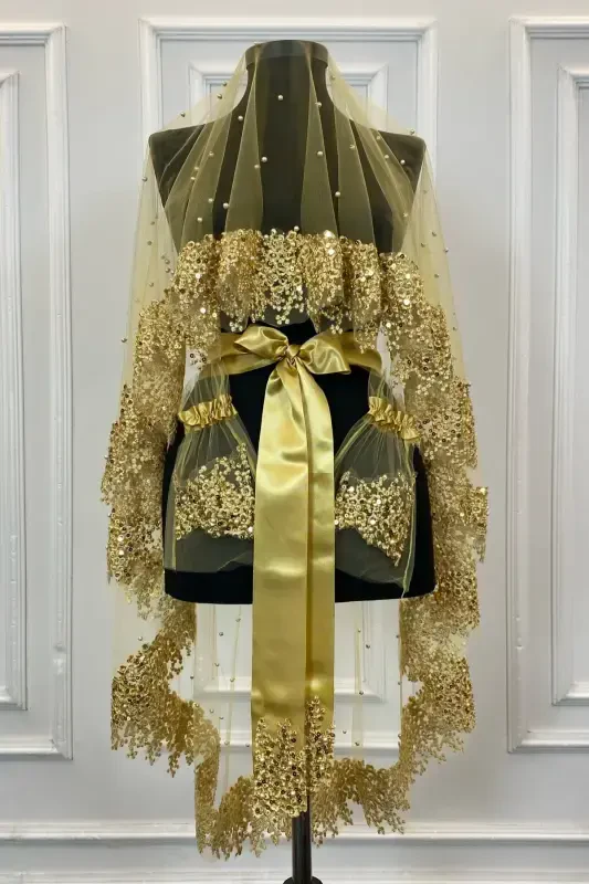 Gold Vip Gelin Duvak Seti, Papatya Güpürlü Boncuklu Pullu Incili Kına Duvağı Seti 6 Parça-Gold - ZEYMERADE