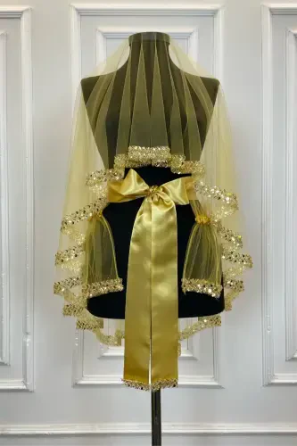 Gold Zarif Gelin Duvak Seti, Su Taşlı Pul Payet Kına Duvağı Seti 6 Parça-Gold - ZEYMERADE (1)