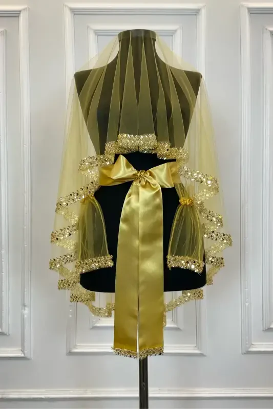 Gold Zarif Gelin Duvak Seti, Su Taşlı Pul Payet Kına Duvağı Seti 6 Parça-Gold - 2