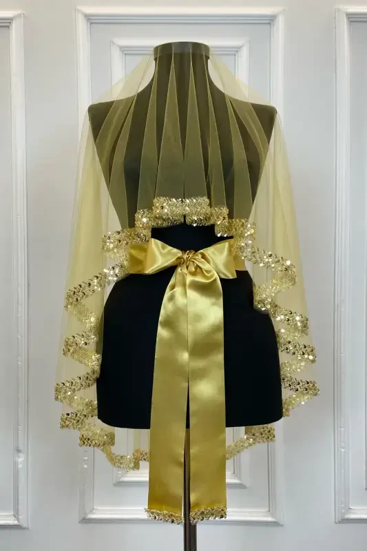 Gold Zarif Gelin Duvak Seti, Su Taşlı Pul Payet Kına Duvağı Seti 6 Parça-Gold - 5