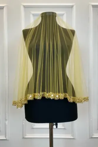 Gold Zarif Gelin Duvak Seti, Su Taşlı Pul Payet Kına Duvağı Seti 6 Parça-Gold - 6