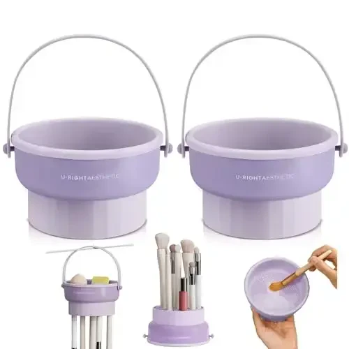 GOLIKEE 2 Pack Makeup Brush Cleaner Mat 3 in 1 Silicone Makeup Brush Cleaner Makeup Brush Cleaning Bowl Makeup Brush Sponge Scrubber Tool for Cleaning, Storage And Upside Down Drying(Two Purple) 