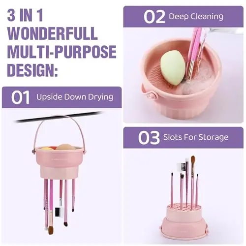 GOLIKEE 2 Pack Makeup Brush Cleaner Mat 3 in 1 Silicone Makeup Brush Cleaner Makeup Brush Cleaning Bowl Makeup Brush Sponge Scrubber Tool for Cleaning, Storage And Upside Down Drying(Two Purple) - GOLIKEE (1)