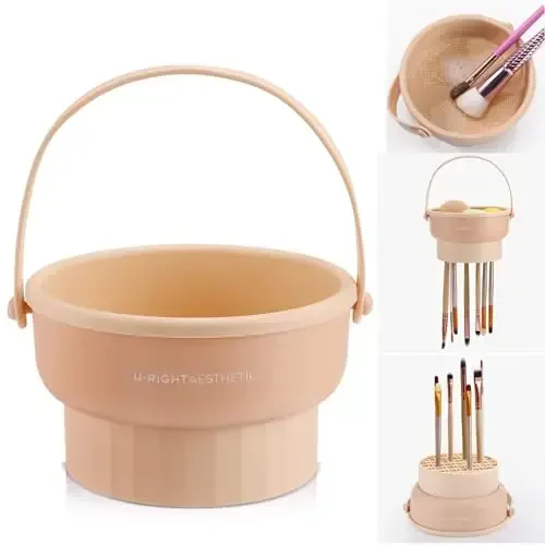 GOLIKEE Makeup Brush Cleaner Mat 3 in 1 Silicone Makeup Brush Cleaner Bowl Cosmetic Brushes Cleaning Tool Organizer for Storage and Air Drying（Khkai - 1