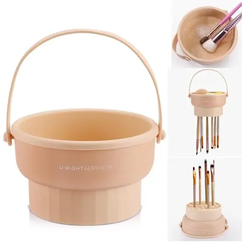 GOLIKEE Makeup Brush Cleaner Mat 3 in 1 Silicone Makeup Brush Cleaner Bowl Cosmetic Brushes Cleaning Tool Organizer for Storage and Air Drying（Khkai - 1