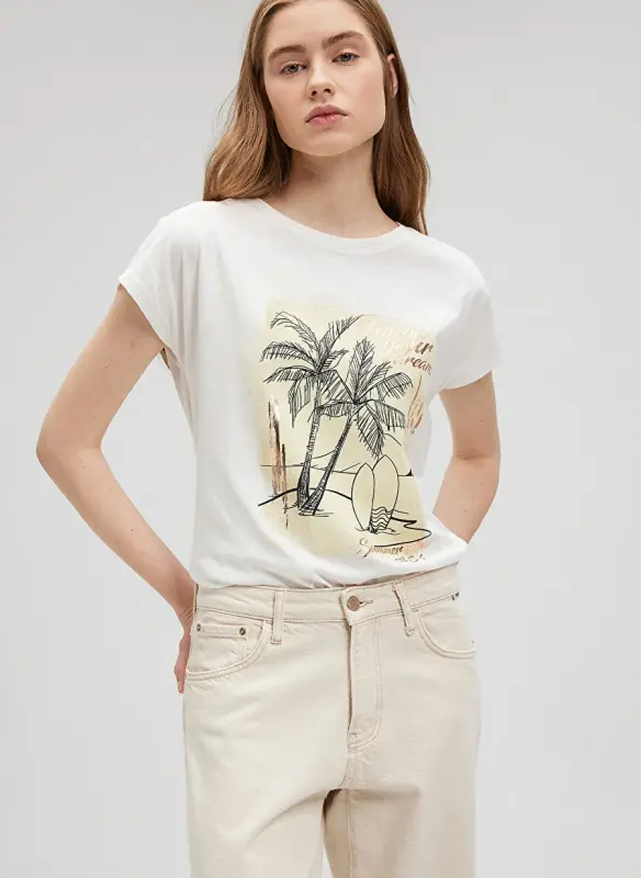 Голубая футболка женская с круглым вырезом экрю M1612412-70057-T-SHIRT С ПАЛЬМАМИ - 1