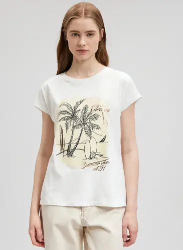 Голубая футболка женская с круглым вырезом экрю M1612412-70057-T-SHIRT С ПАЛЬМАМИ - 3