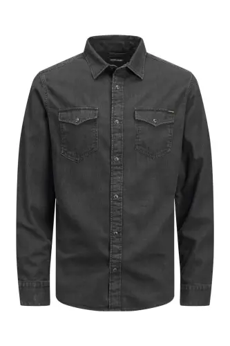 Jack&Jones Minimalist Uzun Kol Regular Fit Erkek Denim Gömlek-Siyah - 3